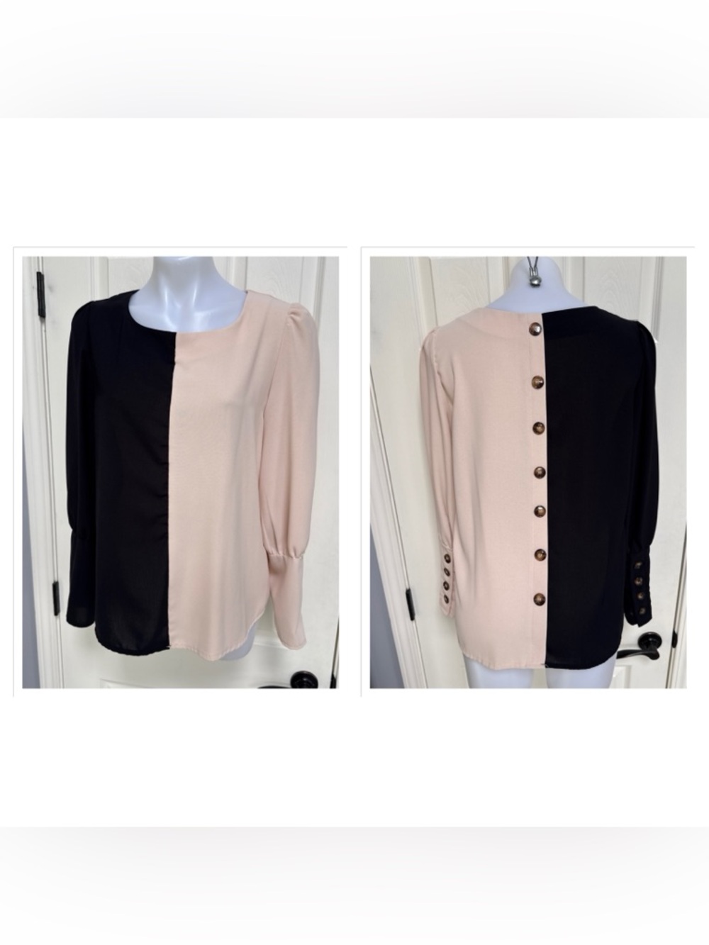 SHEIN Women Colorblock Button Back & Cuff Blouse Casual Dressy Black Cream M